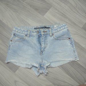 Volcom Mid Rise Cut Off Booty Shorts 2" Inseam Bleached Light Wash Cotton Denim